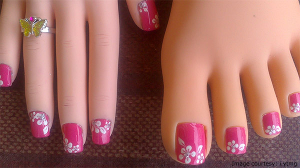 pink and white floral toe design